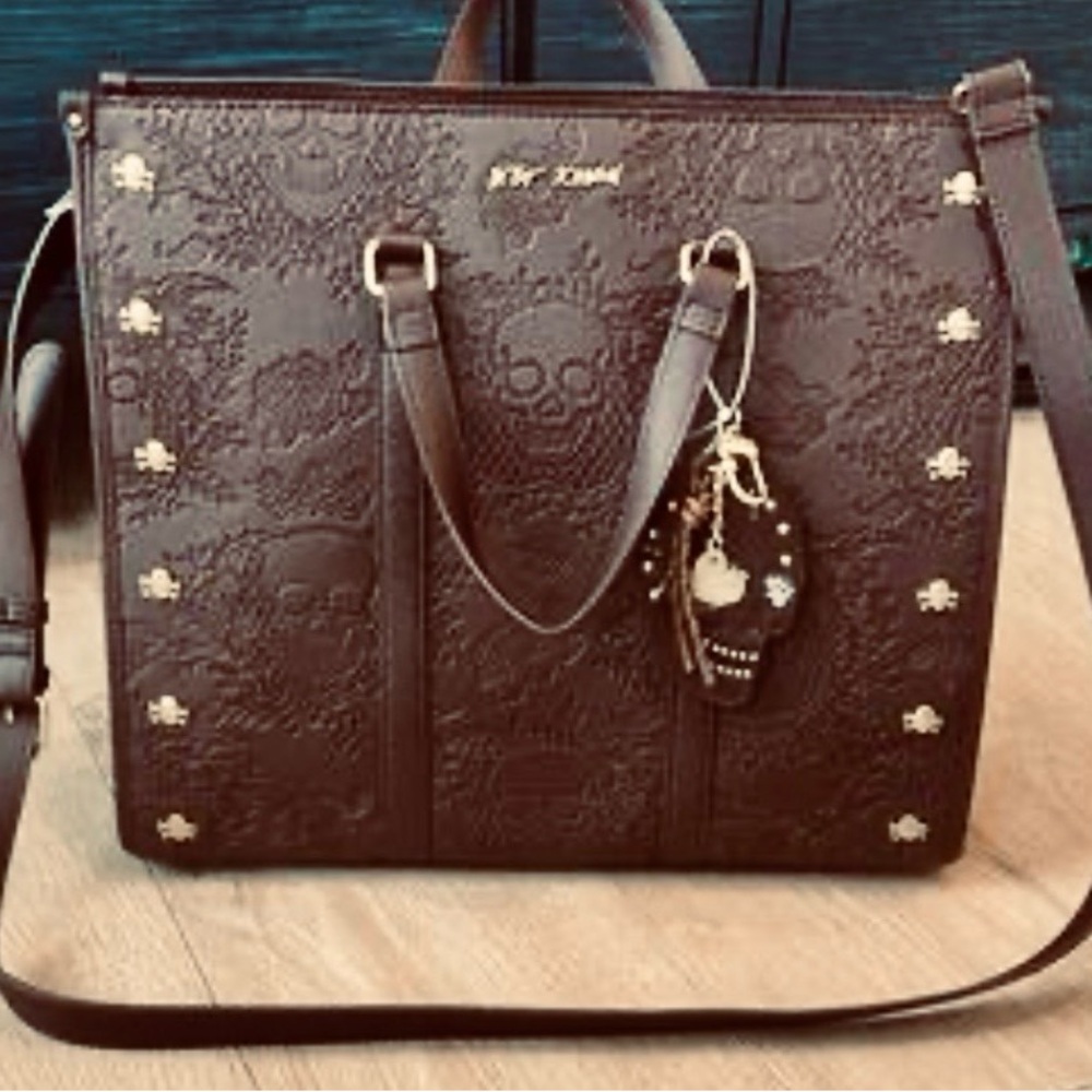 Betsey Johnson Brown Skull-Embossed Tote with Gold Accents